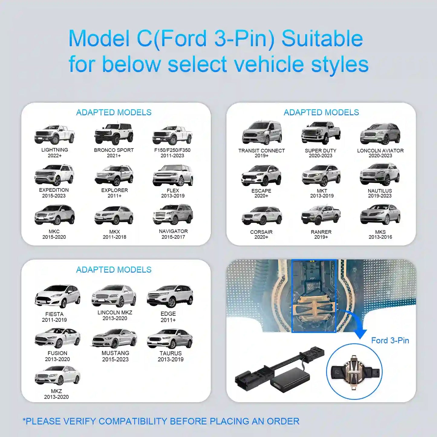 Dashcam Power Adapter Custom for Ford 3 Pin for F-150 F-250/350 Mustang Explorer