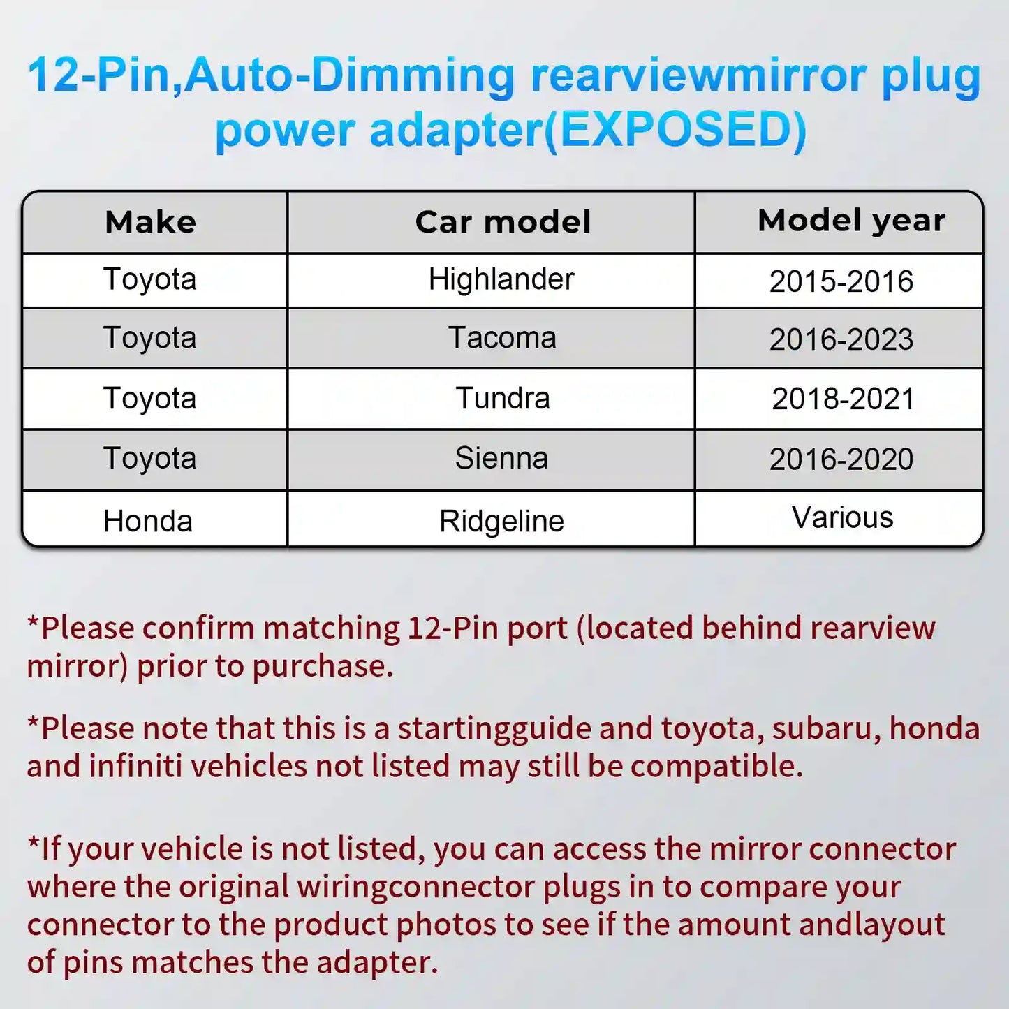 Dashcam Power Adapter for 12 Pin  for Subaru Honda Infiniti Toyota