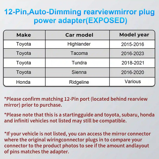 Dashcam Power Adapter for 12 Pin  for Subaru Honda Infiniti Toyota