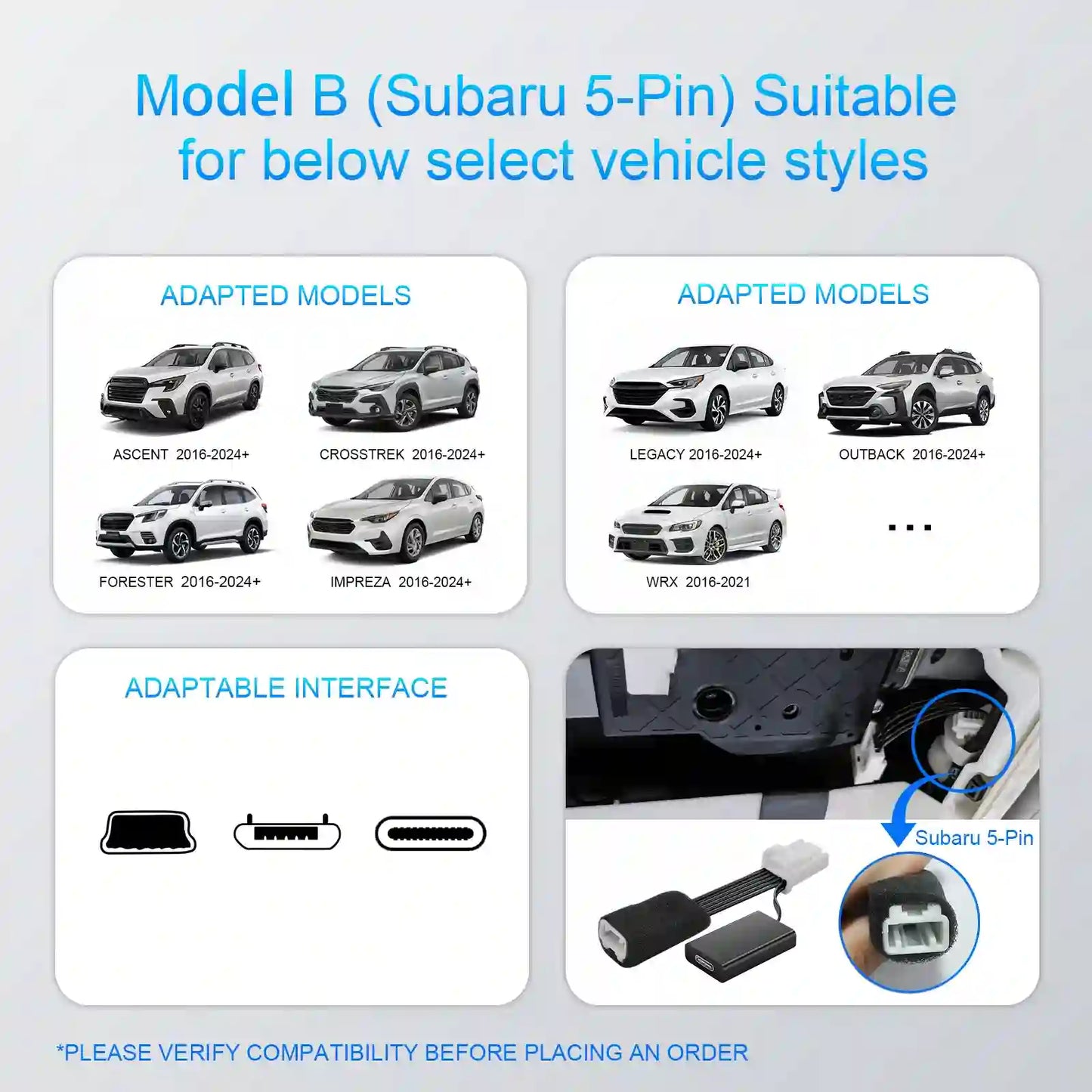 Dashcam Power Adapter 5 Pin  Custom for Subaru Ascent Crosstrek Forester Impreza Legacy Outback WRX