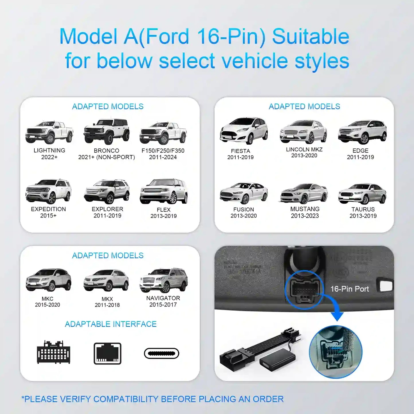Dashcam Power Adapter Custom for Ford 16 Pin  for F150/F250/F350 Explorer Bronco