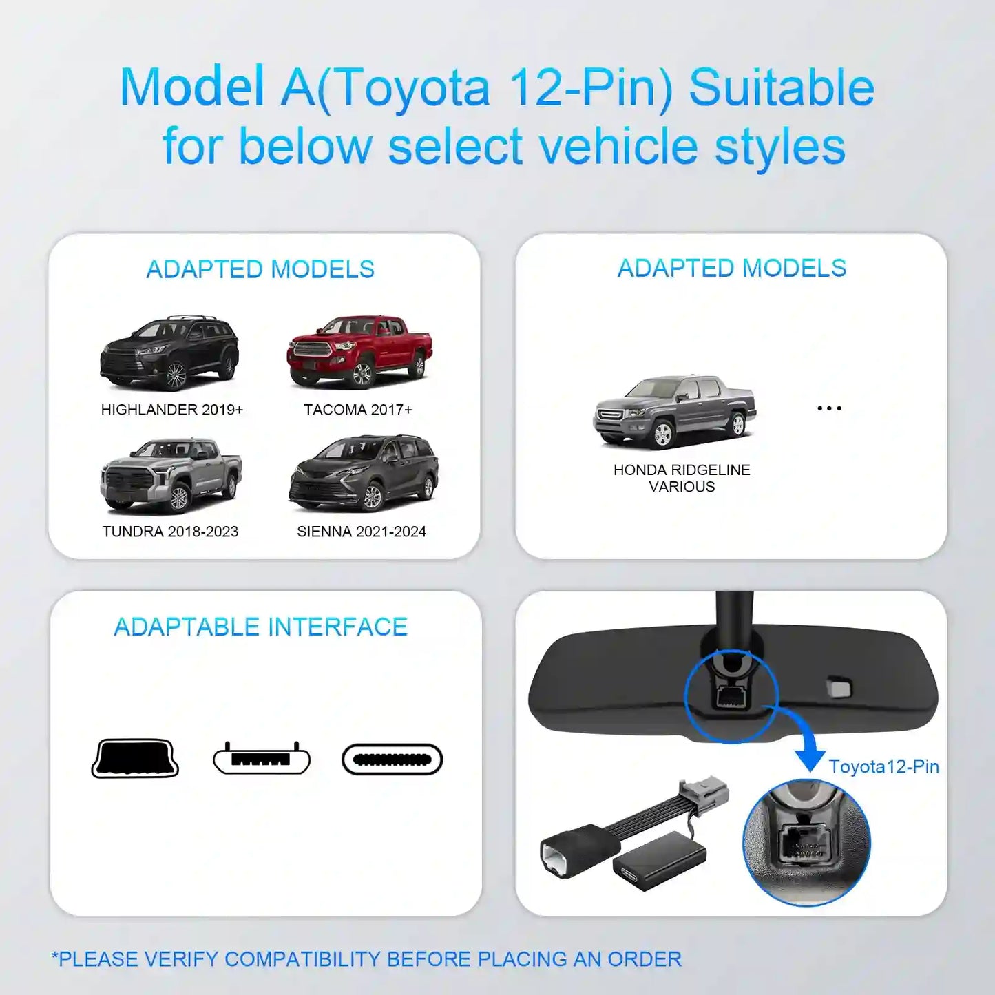 Dashcam Power Adapter for 12 Pin  for Subaru Honda Infiniti Toyota