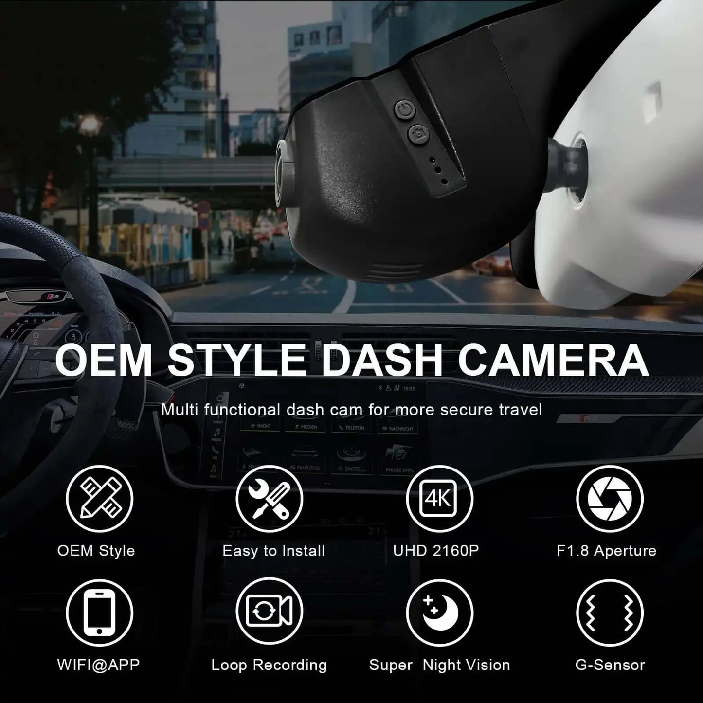 OEM Look Audi Model B Black Dash Cam - 4K Dash Cam Fits Audi (Model B Black) A4 A6 Allroad A3 A5 A6 Q5 A8 S8 A7 S5 Q3 S3 S7